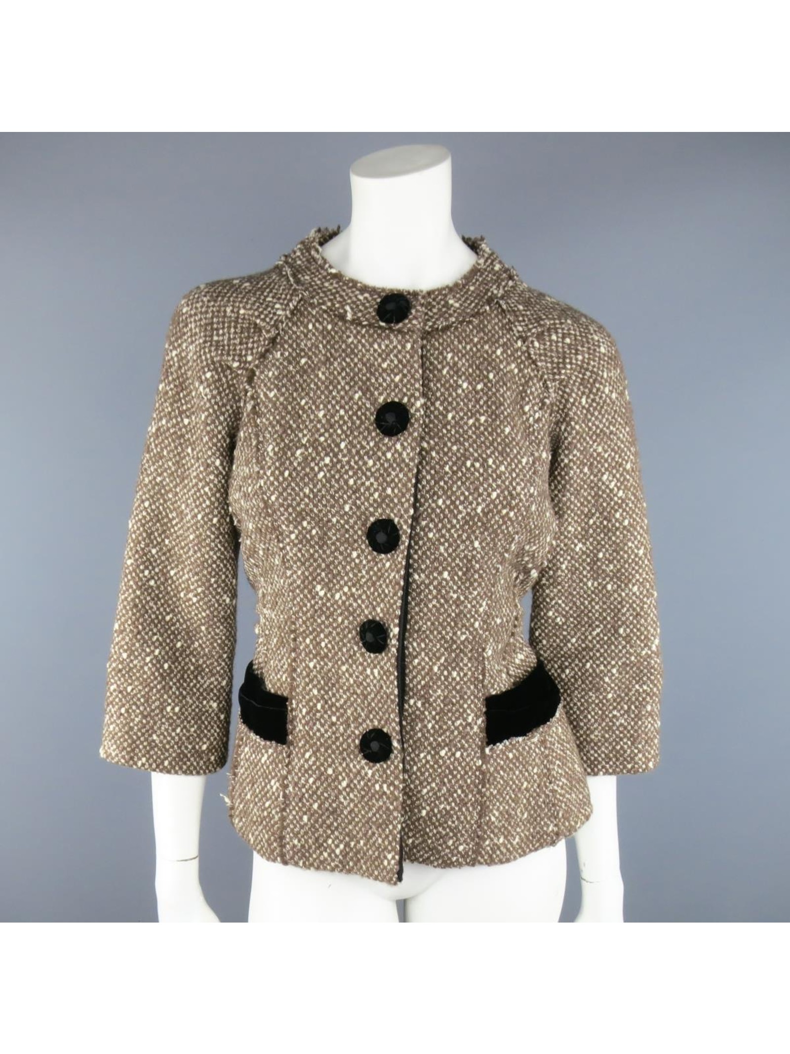 Marc Jacobs Size 4 Light Brown & Cream Wool Tweed & Black Velvet Jacket
